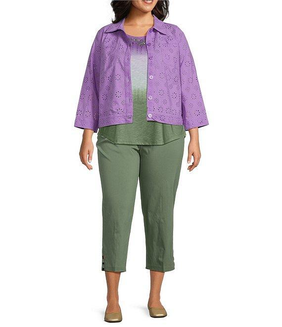 Allison Daley Plus Size 3/4 Sleeve Point Collar Button Front Eyelet Jacket Product Image