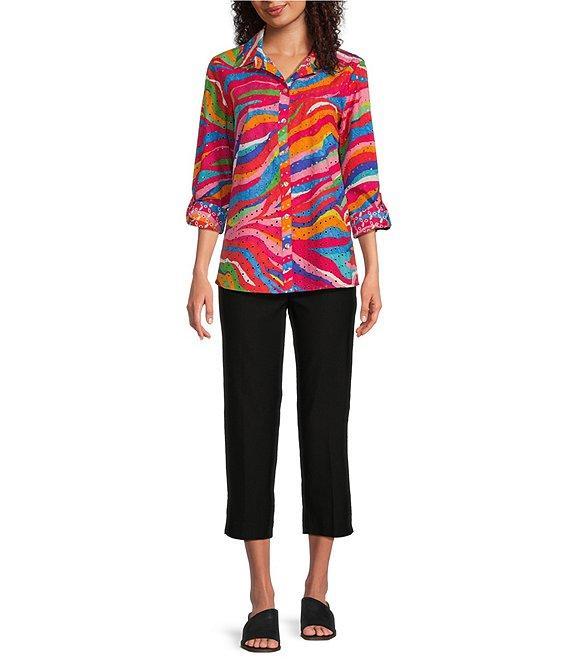 John Mark Petite Size Allover Eyelet Embroidered Watercolor Print Point Collar Long Roll-Tab Sleeve Button Front Blouse Product Image