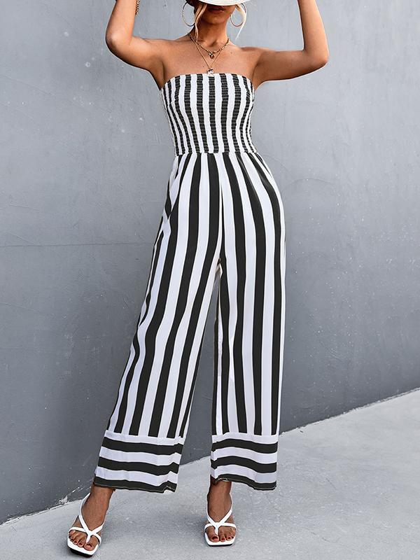 Loose Sleeveless Contrast Color Elasticity Striped Tube Jumpsuits Product Image