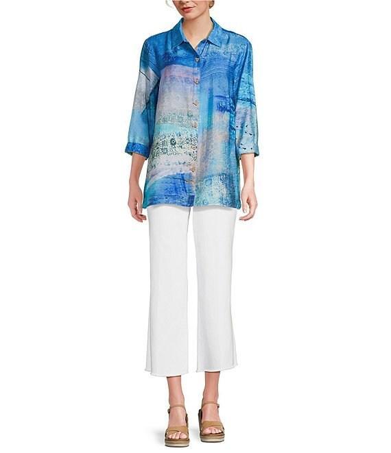 Ali Miles Abstract Block Printed Point Collar 3/4 Sleeve Button Front Tunic Product Image