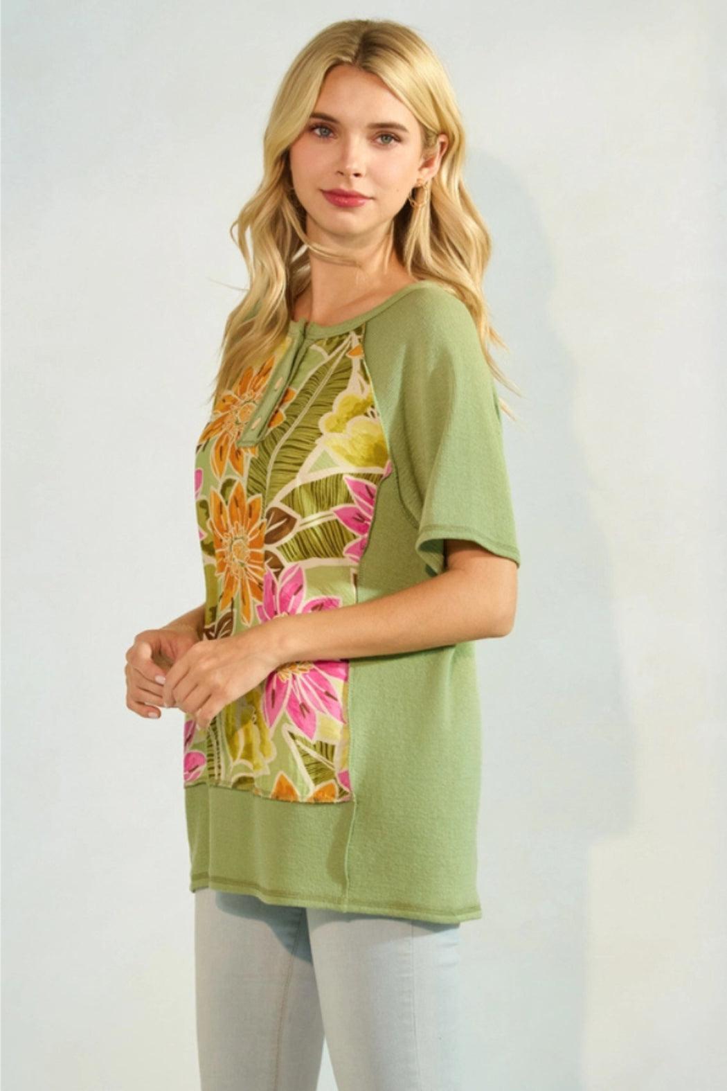 Floral Knit Button Front Short Sleeve Top Product Image