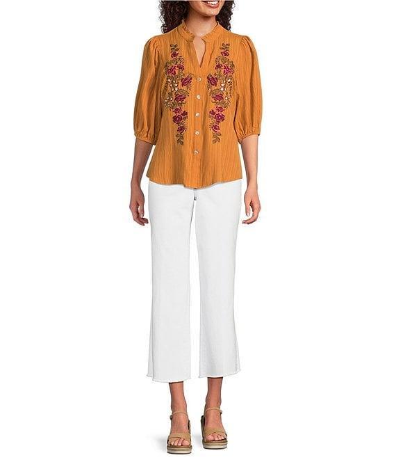 Calessa Petite Size Embroidered Floral Split V-Neck 3/4 Sleeve Button Front Tunic Product Image