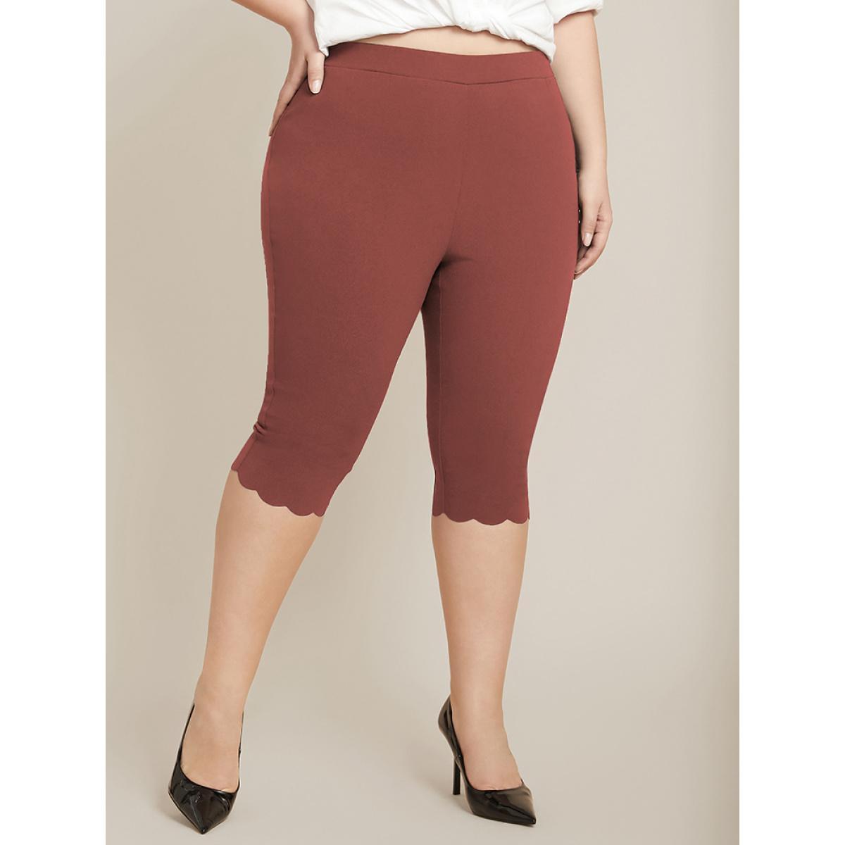 Plus Size Solid Scalloped Trim Elastic Waist Skinny Leggings Women Rust Elegant Low stretch Skinny High Rise Everyday Leggings BloomChic 18-20/2X Product Image