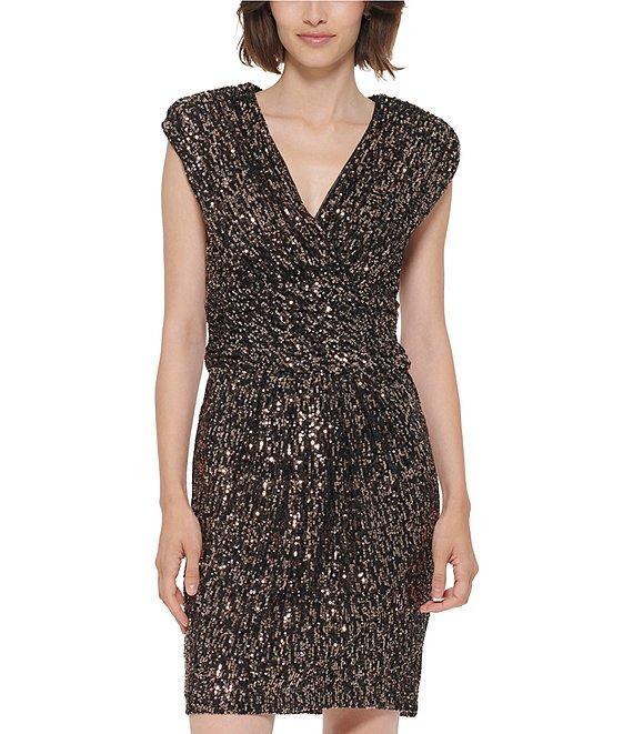 Calvin Klein Cap Sleeve V-Neck Sequin Front Slit Dress Product Image