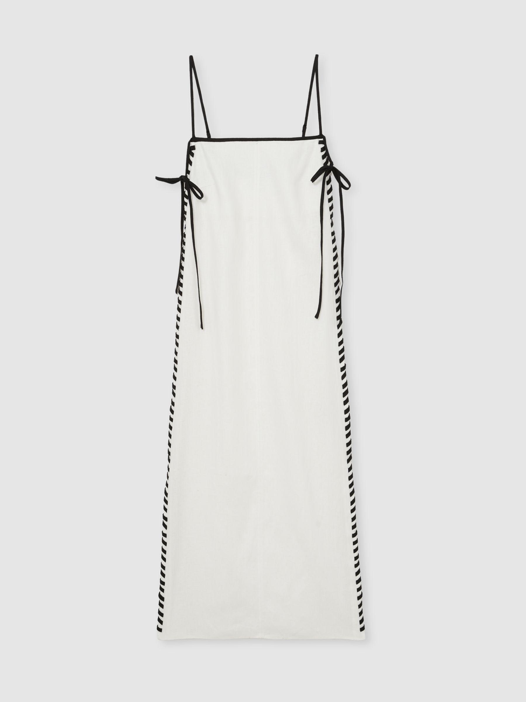 Linen Whipstitch Tie-Strap Midi Dress in Ivory Product Image