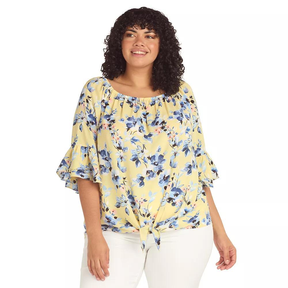 Plus Size AB Studio Flounce Sleeve Tie Hem Peasant Boat Neck Top, Womens Product Image