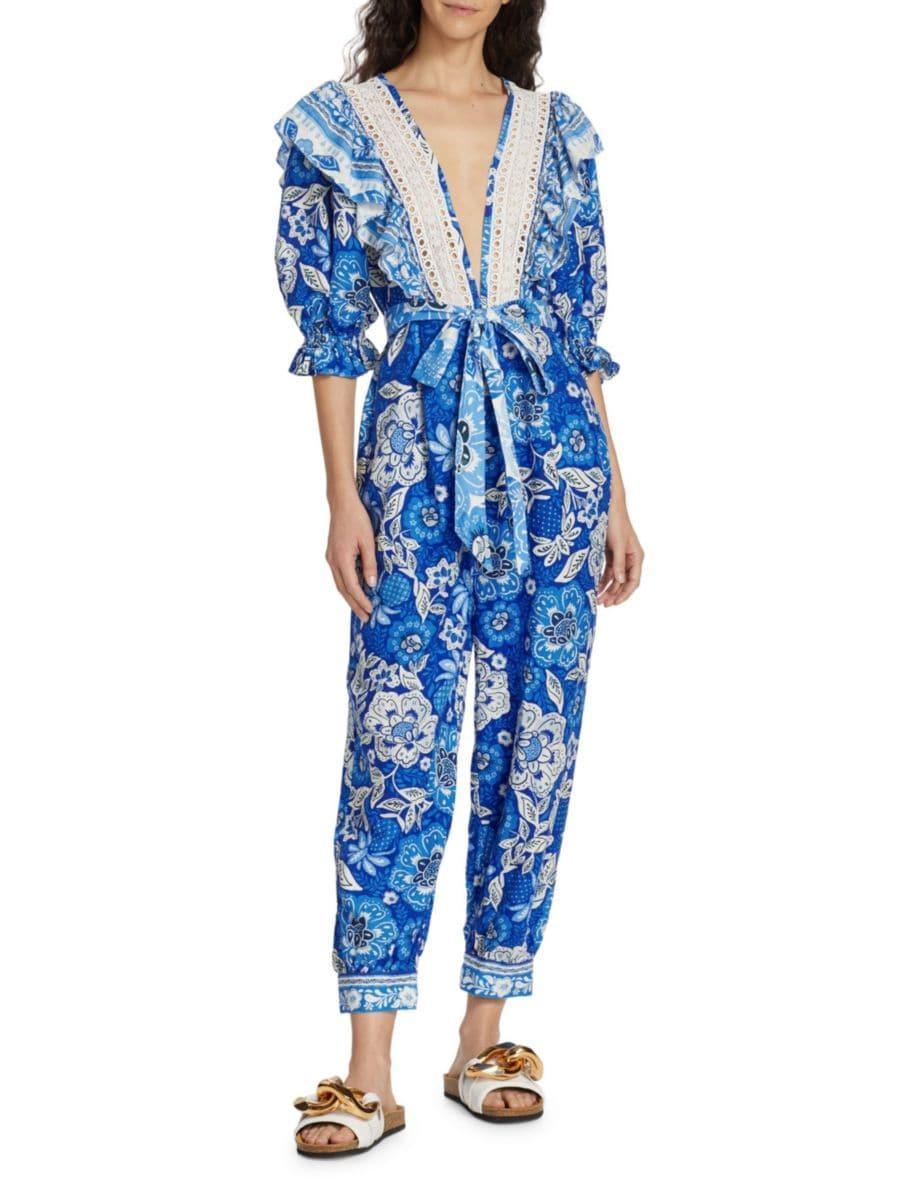 FARM RIO Women's Full Of Flowers Ruffle Jumpsuit In Blue White Product Image