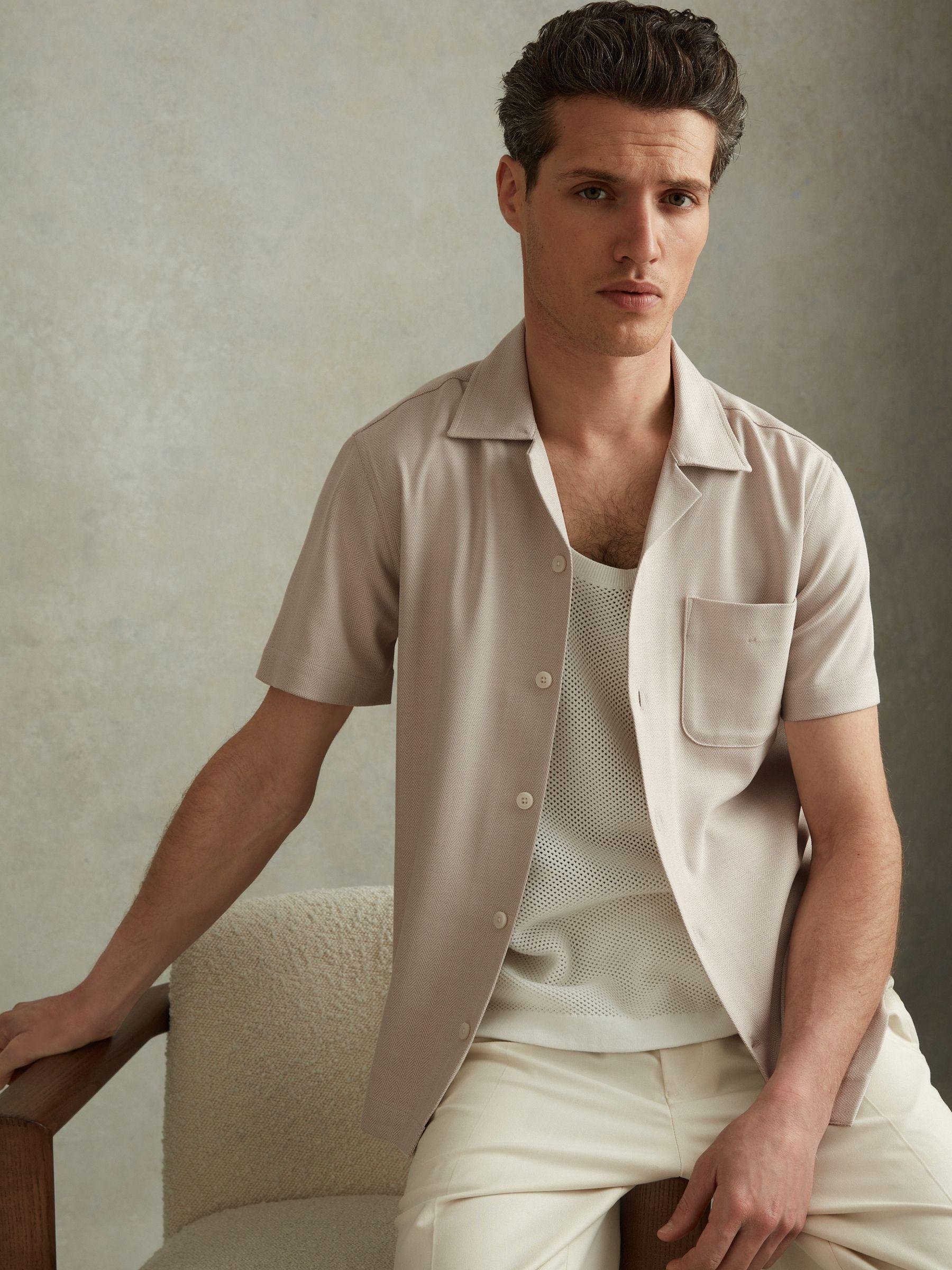 Herringbone Cuban Collar Shirt in Stone Product Image