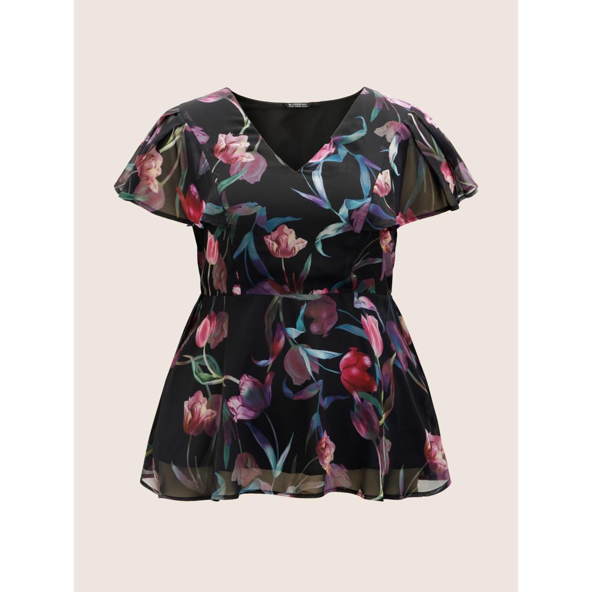 Plus Size Black Floral Mesh Ruffle Sleeve Elastic Waist Blouse Women Elegant Short sleeve V-neck Everyday Blouses BloomChic 22-24/3X Product Image