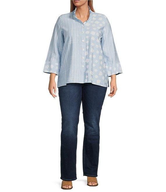 Ali Miles Plus Size Woven Printed Wire Collar 3/4 Sleeve Button-Front Tunic Product Image