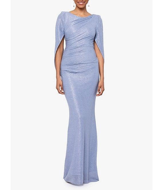 Betsy & Adam Drape Back Detail 3/4 Cape Sleeve Draped Round Neck Metallic Crinkle Ruched Sheath Gown Product Image