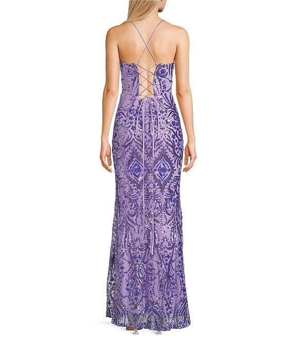 Blondie Nites Sequin Pattern Pinch Front Spaghetti Strap Tie Back Gown Product Image