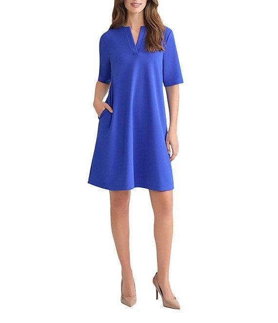 Ming Wang Stretch Crepe Split V-Neck Short Sleeve A-Line Dress Product Image