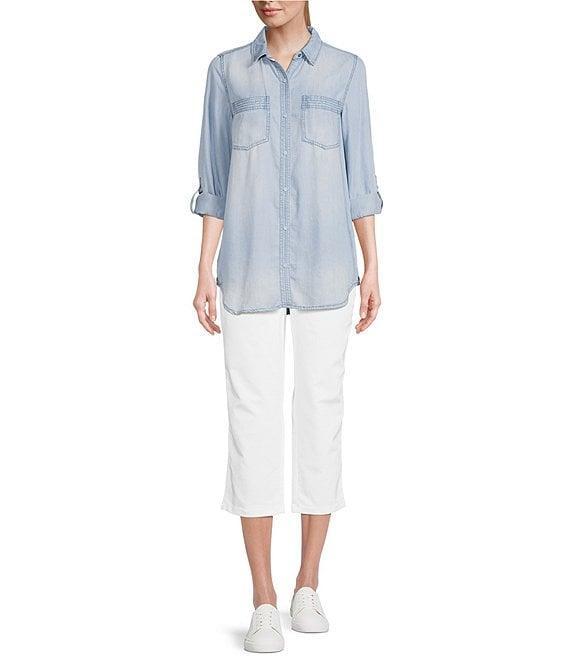 Intro Petite Size Roll-Tab Sleeve Button Front Slub Lyocell Shirt Product Image