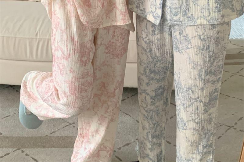 Couple Matching Pajama Set: Long Sleeve Patterned Print Top + Straight Leg Pants (Various Designs) Product Image