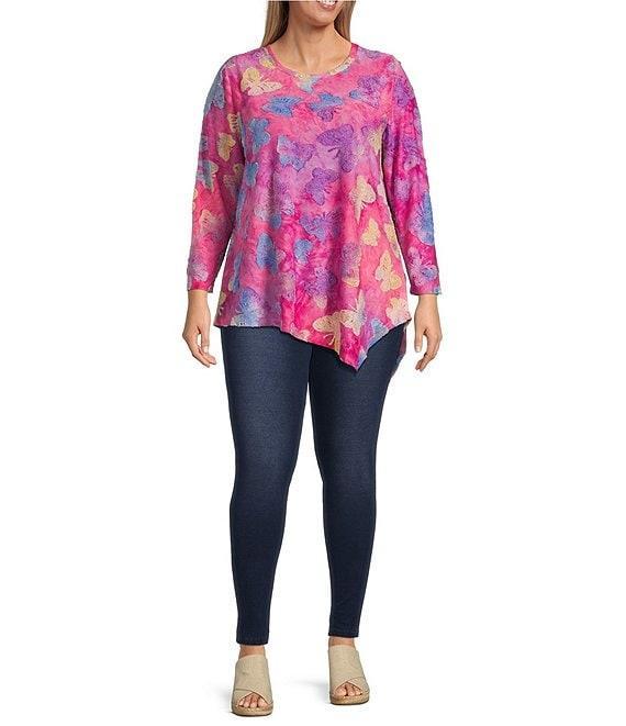Calessa Plus Size Burnout Tie-Dye Butterfly Crew Neck 3/4 Sleeve Asymmetrical Hem Tunic Product Image