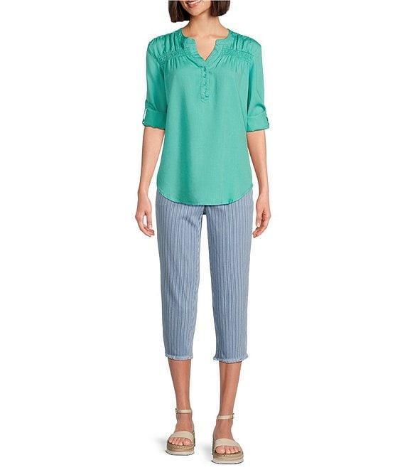 Intro Stripe Print Frayed Hem Pull-On Capri Denim Pants Product Image