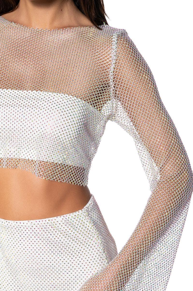 FLASHING LIGHTS RHINSTONE MESH LONG SLEEVE TOP IN WHITE Product Image