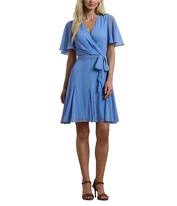 Lauren Ralph Lauren Crinkle Georgette V-Neck Short Flutter Sleeve Wrap Mini Dress Product Image