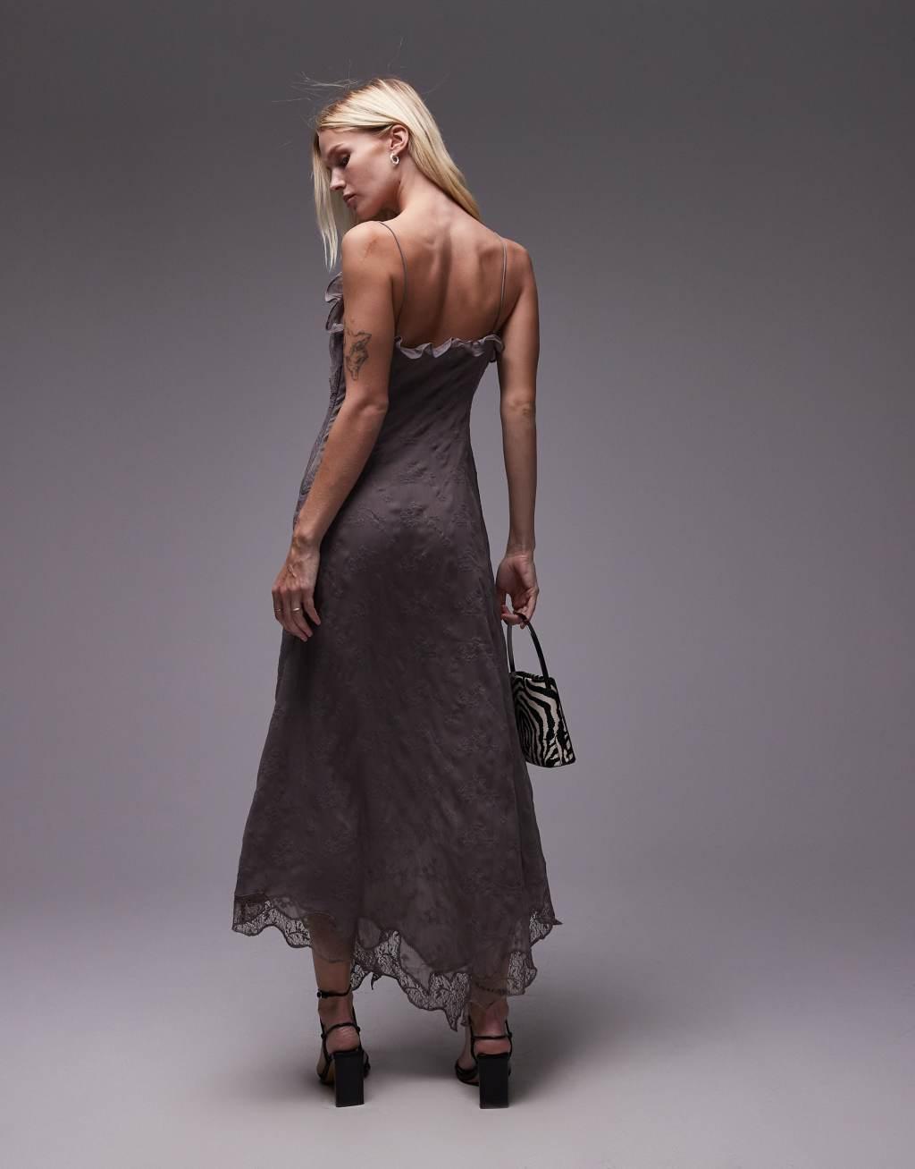 Topshop embroidery and lace slip dress with frill neck in gray  Product Image