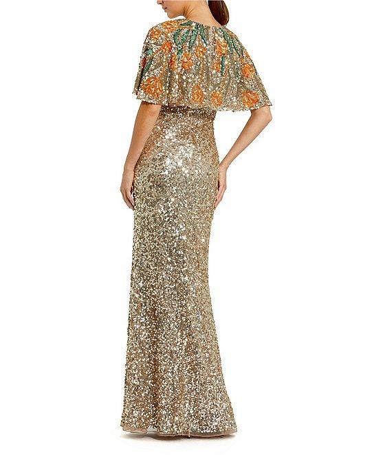 Mac Duggal Gold Embellished Mesh Crew Neck Beaded Floral Shawl Mermaid Gown Product Image