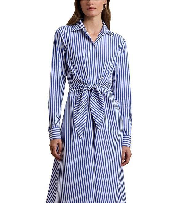 Lauren Ralph Lauren Broadcloth Stripe Print Point Collar Neck Long Sleeve Tie Front Shirt Midi Dress Product Image