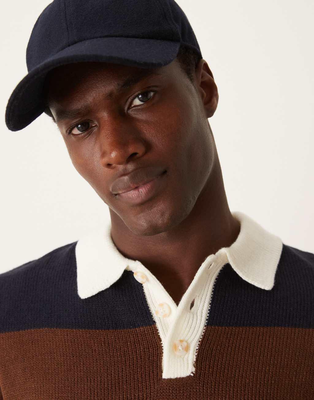 ASOS DESIGN knitted stripe rugby polo in brown and navy rib Product Image