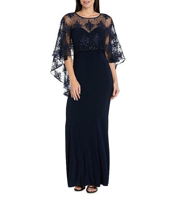 R & M Richards Sweetheart Neck Embroidered Mesh Cape Overlay Dress Product Image