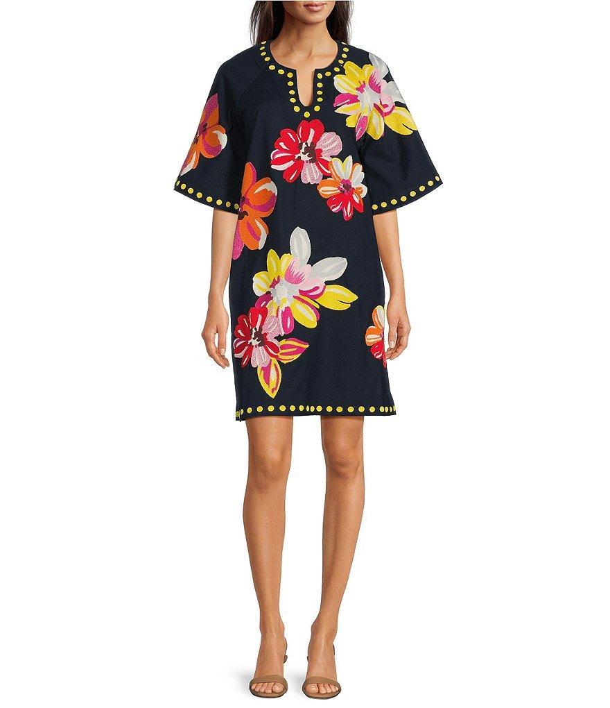 FRANCES VALENTINE Charming Floral Print Split Scoop Neck 3/4 Sleeve Dress Product Image