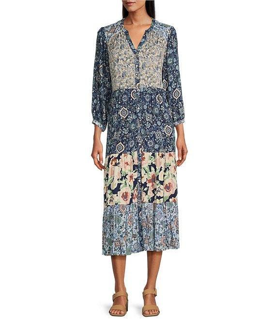 Nurture by Westbound 3/4 Sleeve Floral Button Front Midi Dress Product Image