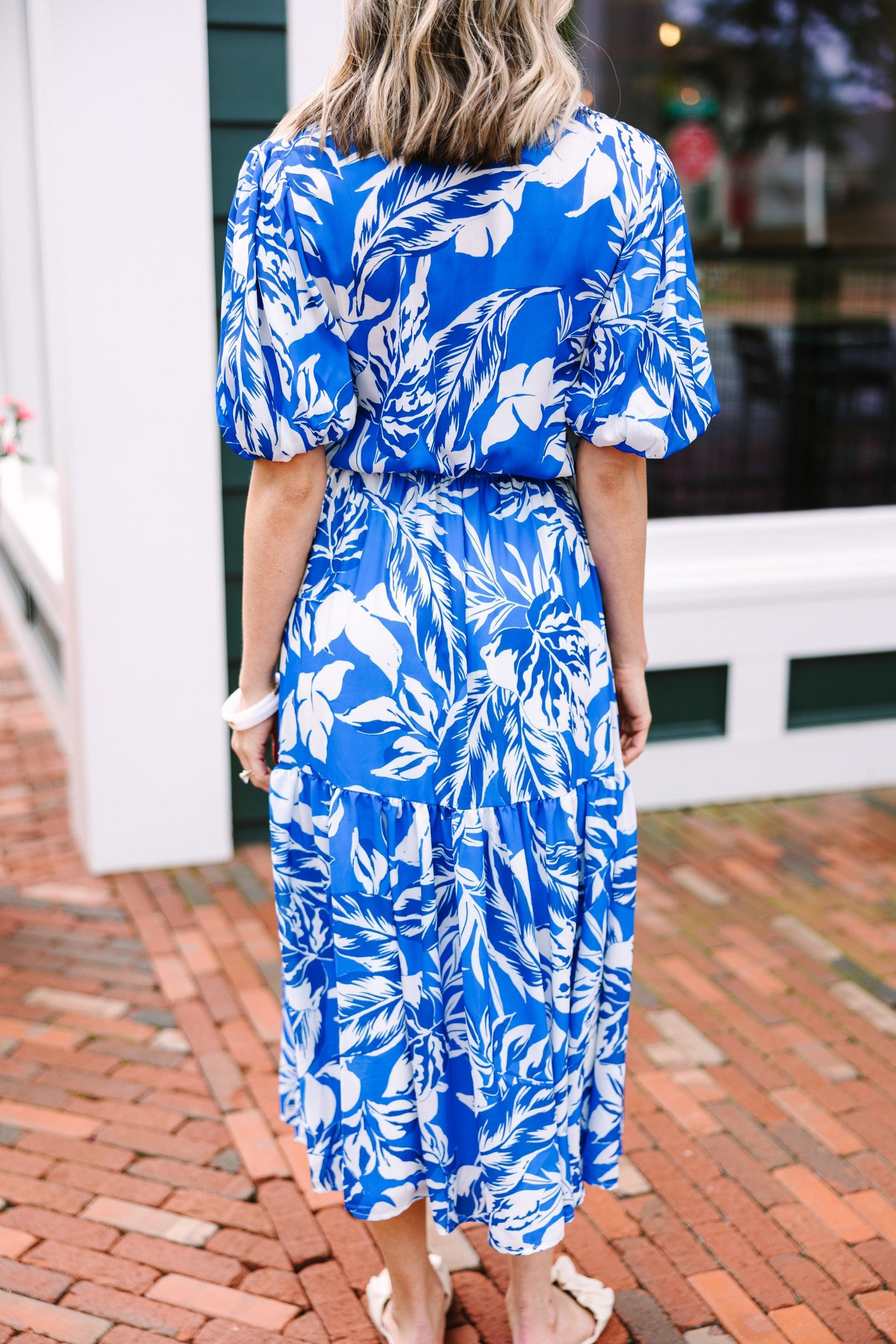 Living For You Royal Blue Floral Midi Dress Female Product Image