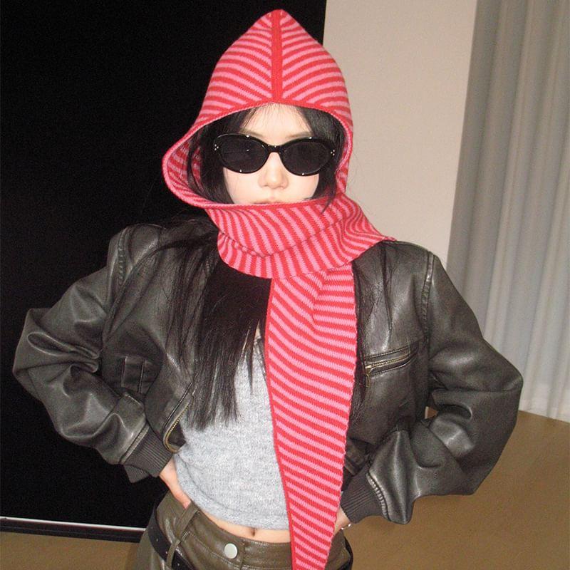 Striped Hooded Knit Scarf Product Image