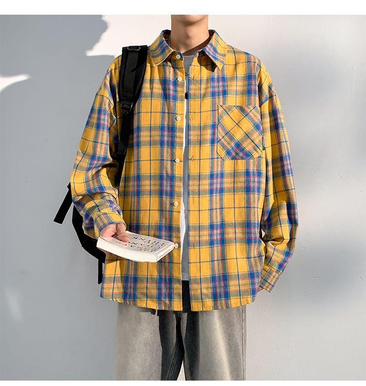 Long Sleeve Collared Plaid Shirt Product Image