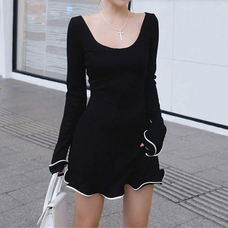 Bell Sleeve Contrast-Trim Open-Back Mini A-Line Dress Product Image