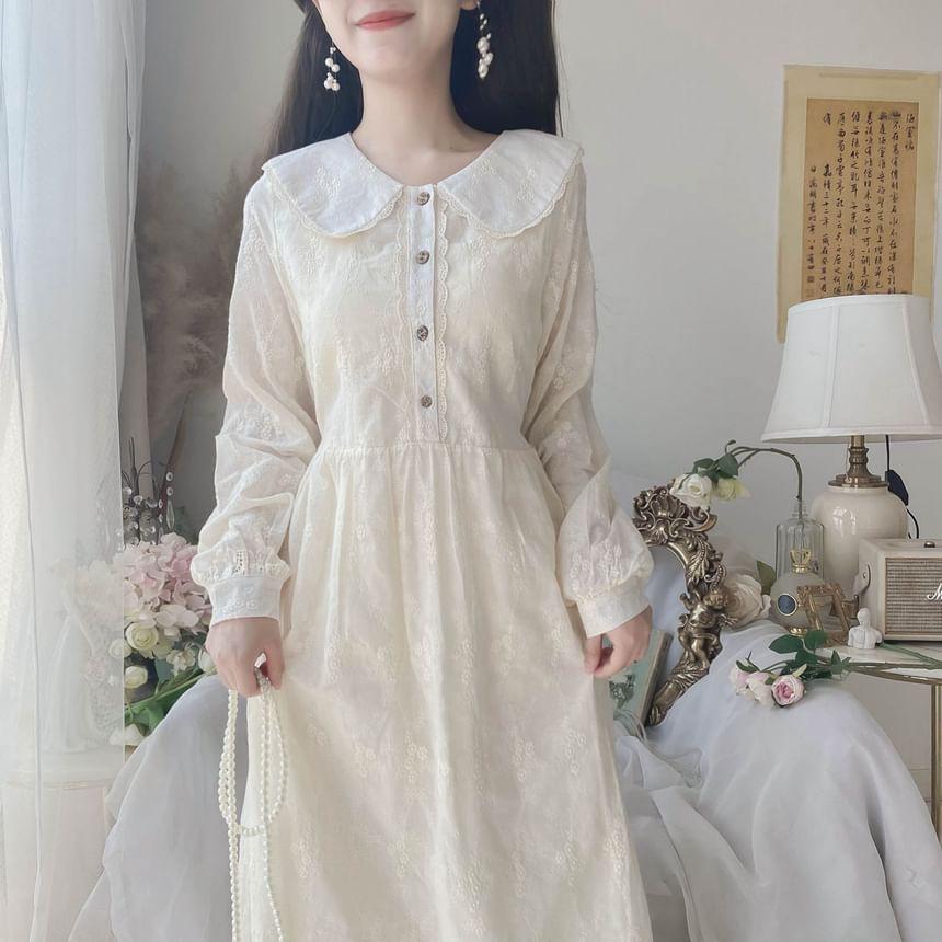 Long-Sleeve Peter Pan Collar Floral Embroidered Lace Trim Half-Buttoned Midi A-Line Dress Product Image