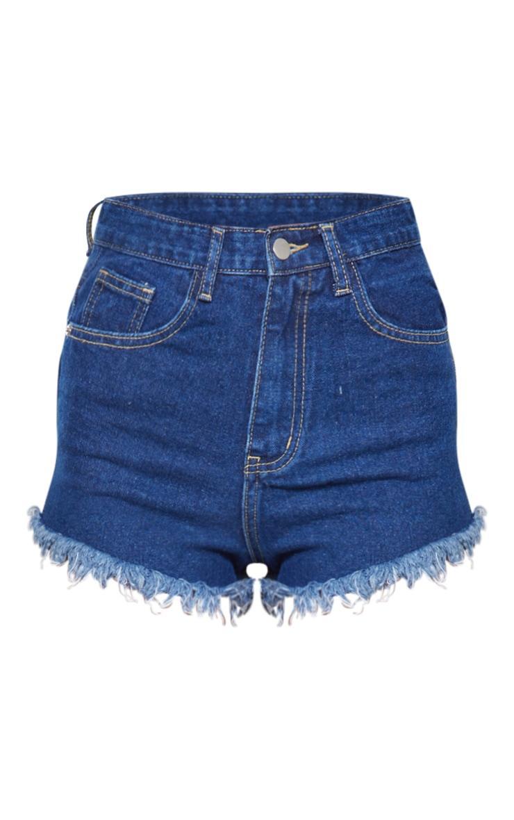 PRETTYLITTLETHING Dark Blue Wash Frayed Hem Denim Shorts Product Image