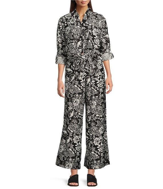 Calessa Coordinating Garden Floral Point Collar Roll Tab Long Sleeve Tie-Front Blouse Product Image