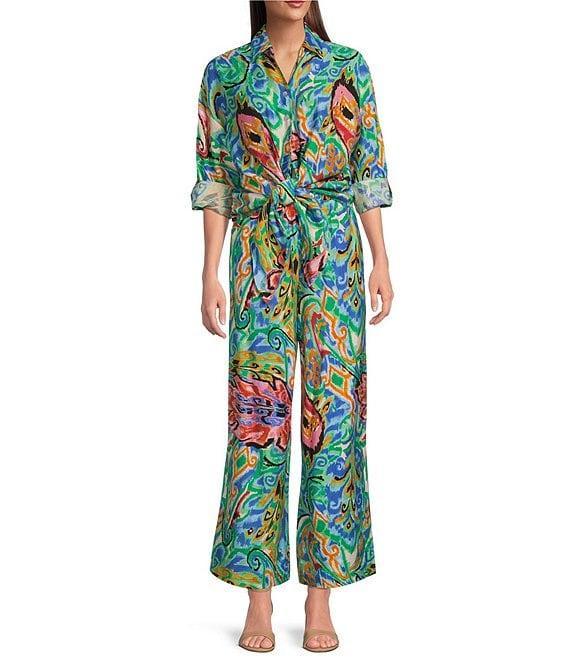 Calessa Coordinating Abstract Mosaic Print Point Collar Long Sleeve Tie-Front Blouse Product Image