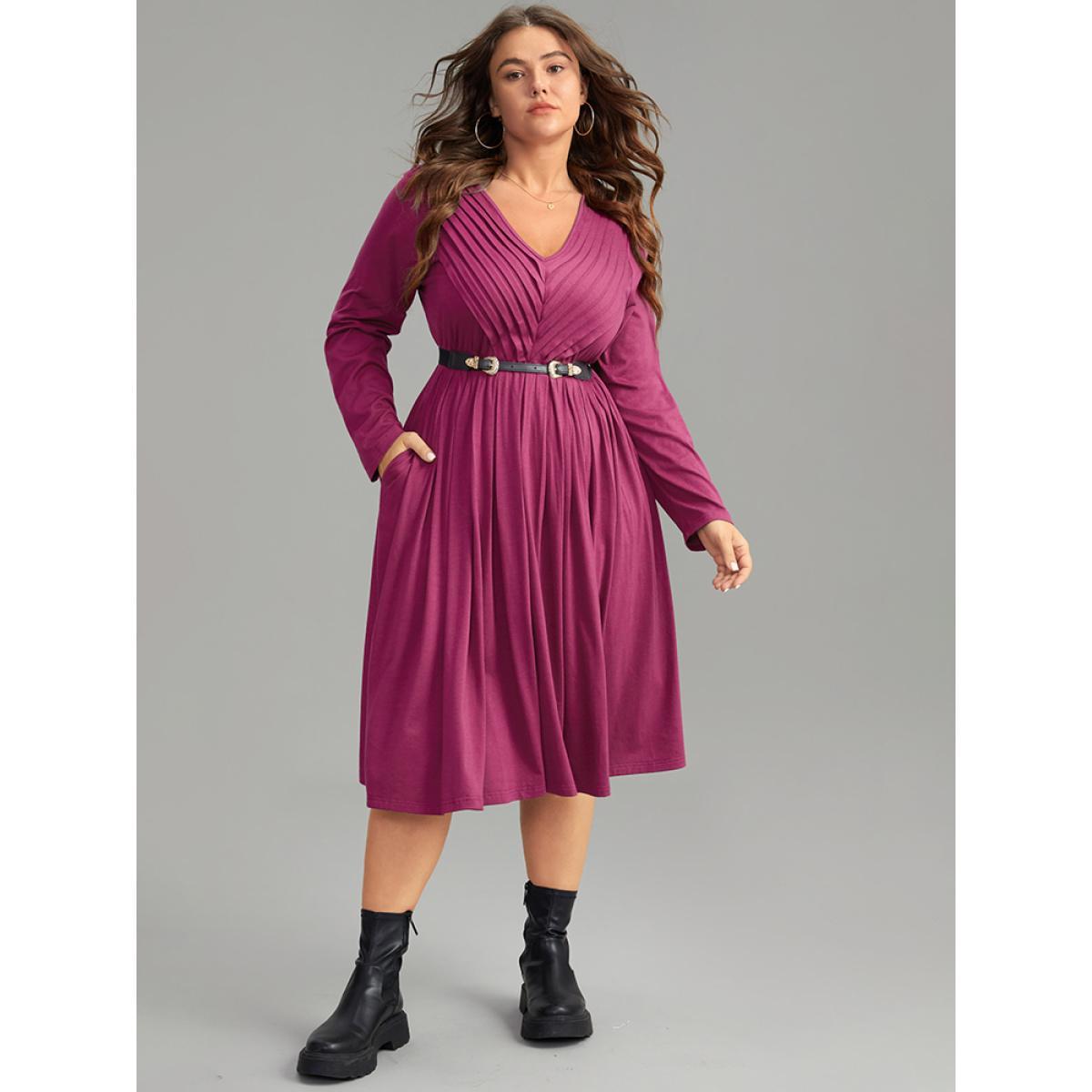 Plus Size Solid Pleated V Neck Elastic Waist Dress Purple Women Casual Plain V-neck Long Sleeve Curvy Midi Dress BloomChic 10/M Product Image