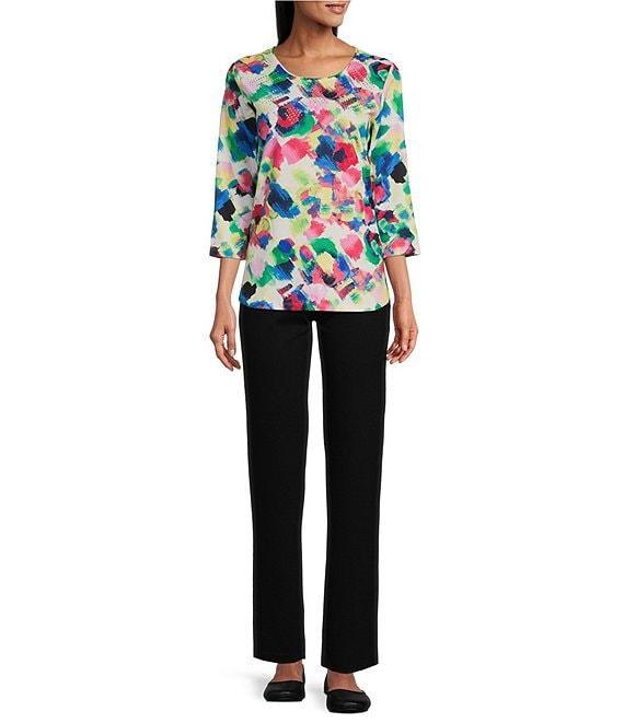 Allison Daley Brush Stroke Print 3/4 Sleeve Crew Neck Knit Top Product Image