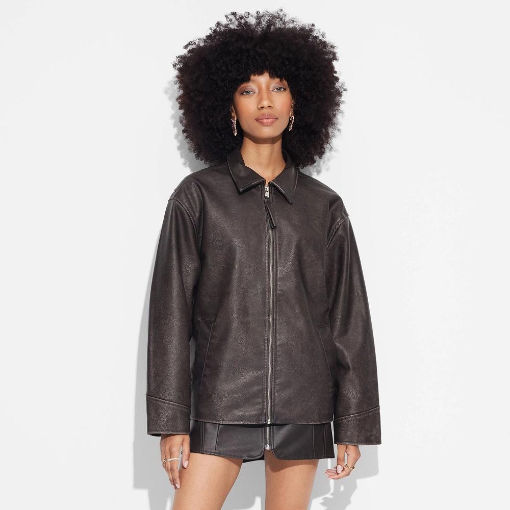 Women's Faux Leather Oversized Bomber Jacket - Wild Fable™ Dark Brown Product Image