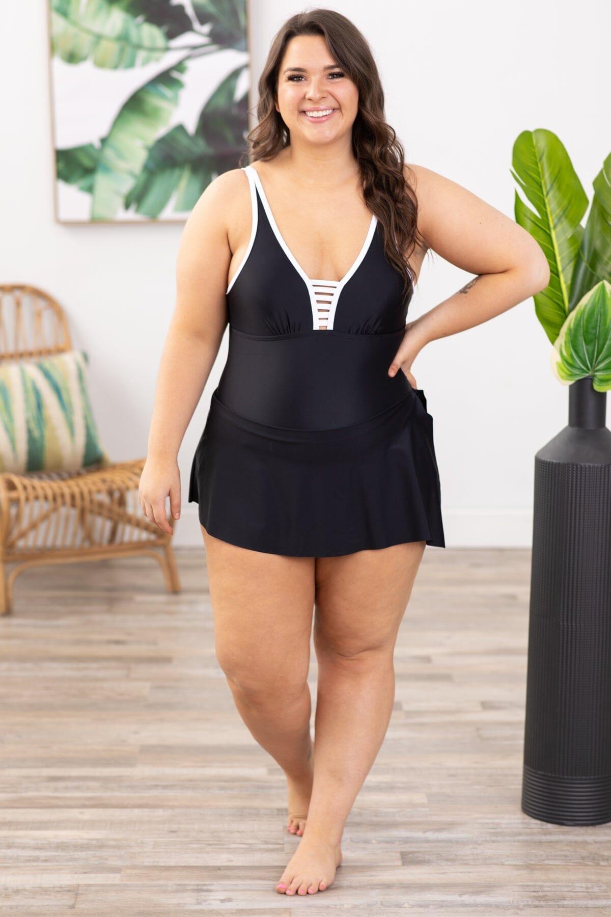 Black and White One Piece Swimsuit with Skirt Product Image