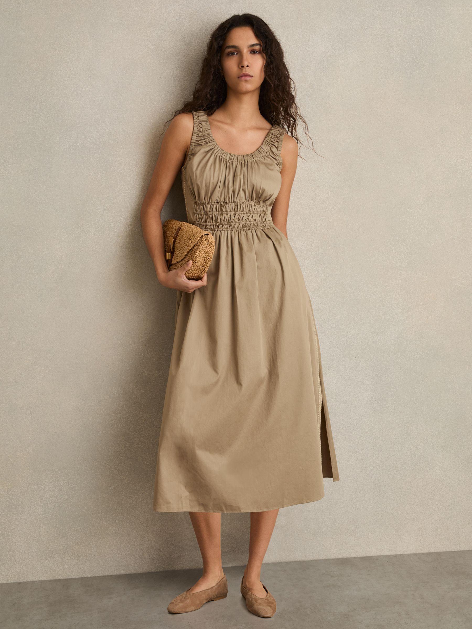 Petite Cotton Craft-Stitch Shirred Midi Dress in Khaki Product Image