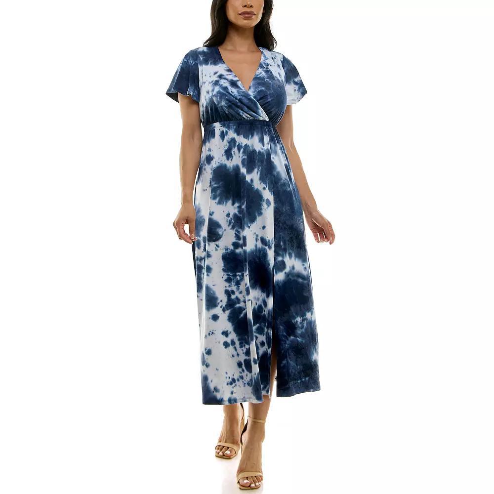 Women's Nina Leonard Tie Dye Print Flutter Sleeve V-Neck Maxi Dress, Size: Large, Blue Team Product Image