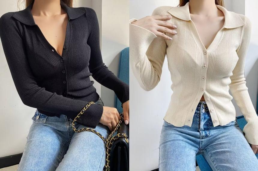 Flared-Sleeve Collar Plain Ribbed Cardigan Product Image