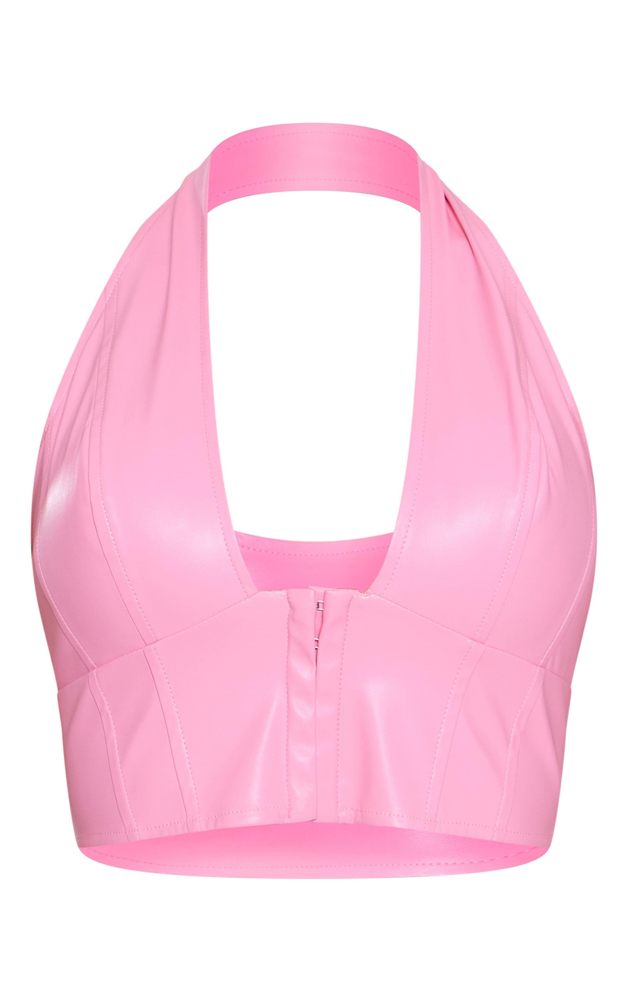 Pink Faux Leather Hook & Eye Plunged Crop Top Product Image