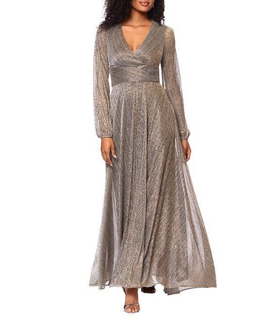 Betsy & Adam Metallic Crinkle V-Neck Long Sleeve Wrap Bodice Gown Product Image