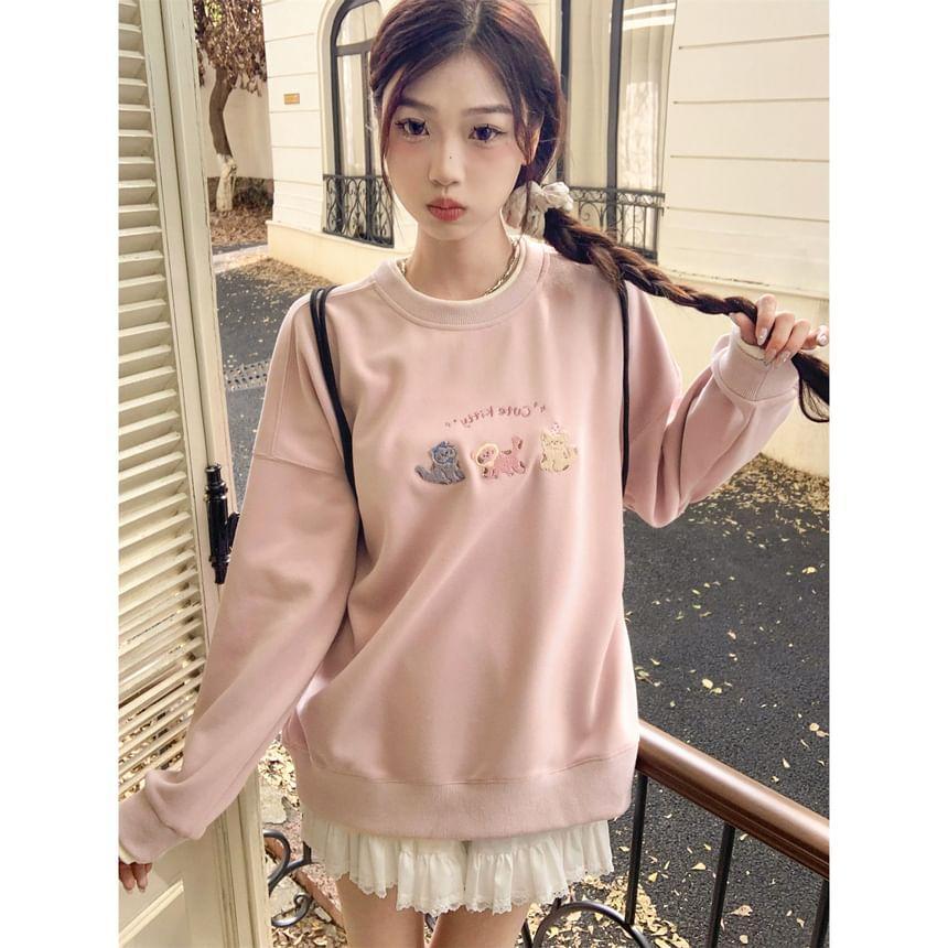 Mock Two-Piece Crew Neck Cat Embroidered Pullover Product Image