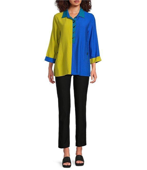 Ali Miles Color Block Point Collar 3/4 Cuff Sleeve Front Button Pop-Over Tunic Product Image