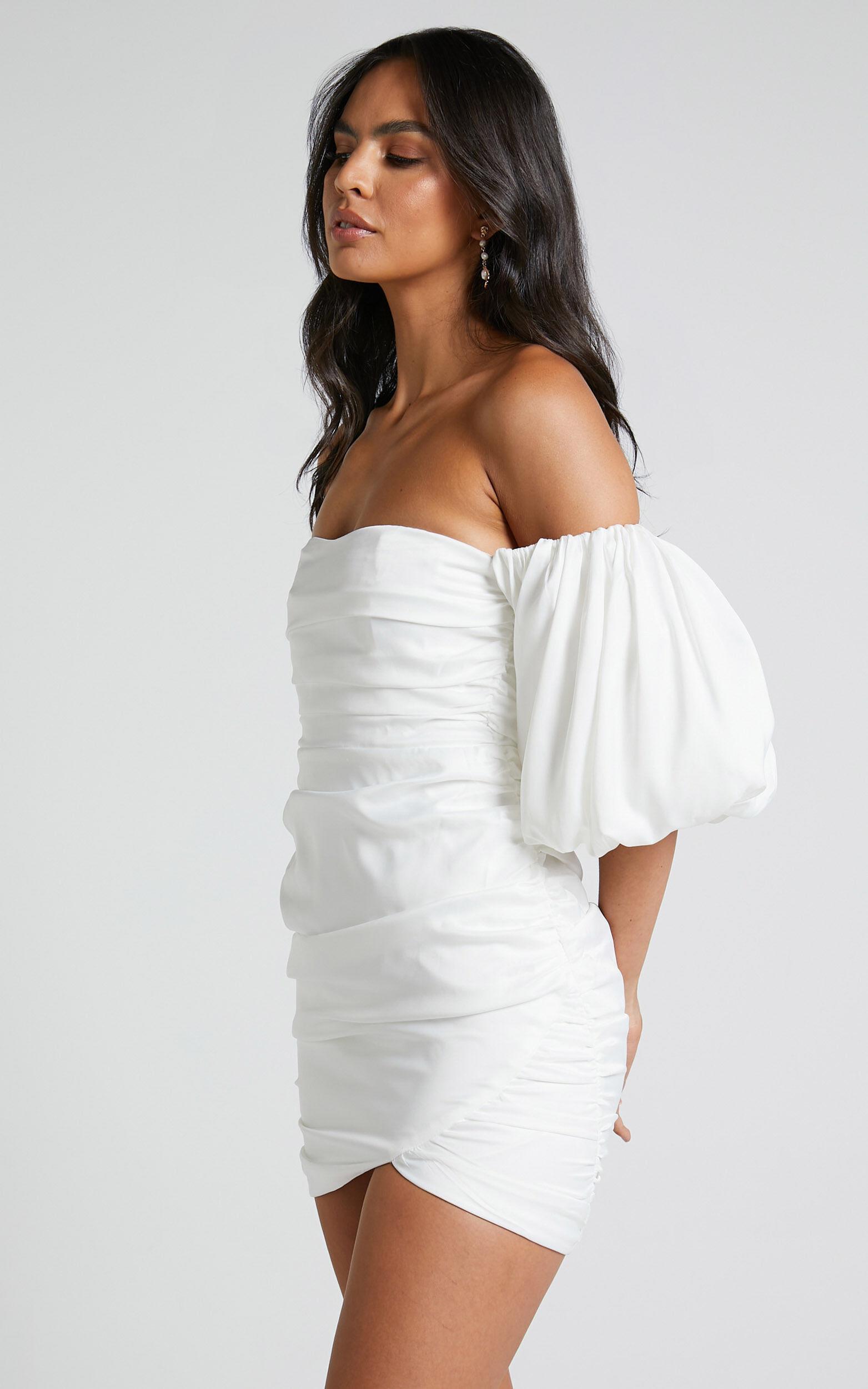 Betty Mini Dress - Off Shoulder Puff Sleeve Gathered Dress in White Product Image